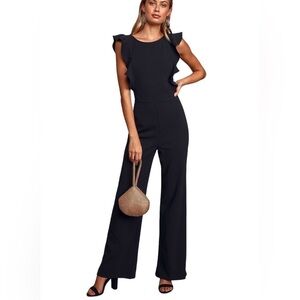 LULU’S Feel Your Love Black Ruffled Wide Leg Jumpsuit Size Medium in Black